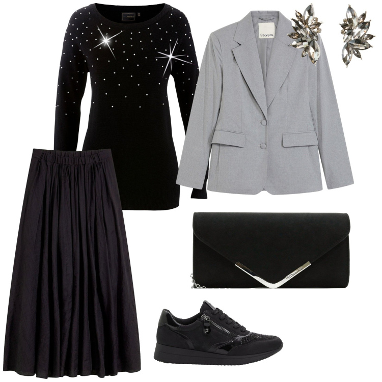 Outfit donna - A teatro comoda. per Serata fuori. Abbinamento con gonne lunghe, blazer, maglieria, orecchini, sneakers, pochette.