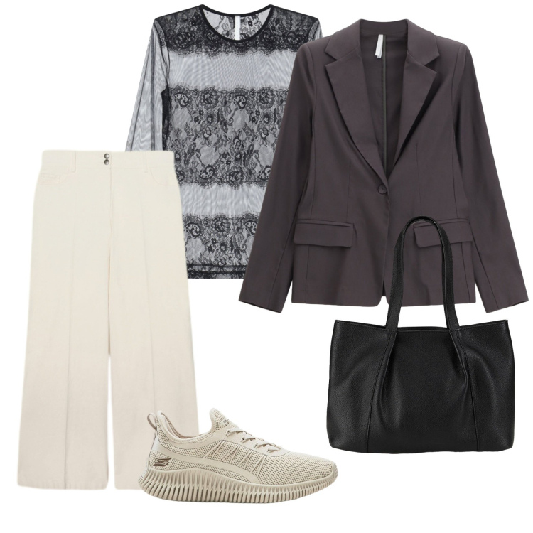 Outfit donna - Tutto il giorno. per Tutti i giorni. Abbinamento con sneakers, shopping bag, bluse, blazer, pantaloni a palazzo.
