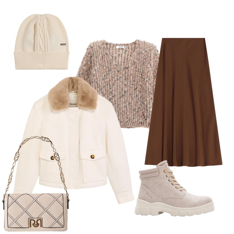 Outfit donna - In città. Stile Glamour per Tutti i giorni. Abbinamento con stivaletti, piumini, maglieria, borse a tracolla, gonne lunghe, berretti.