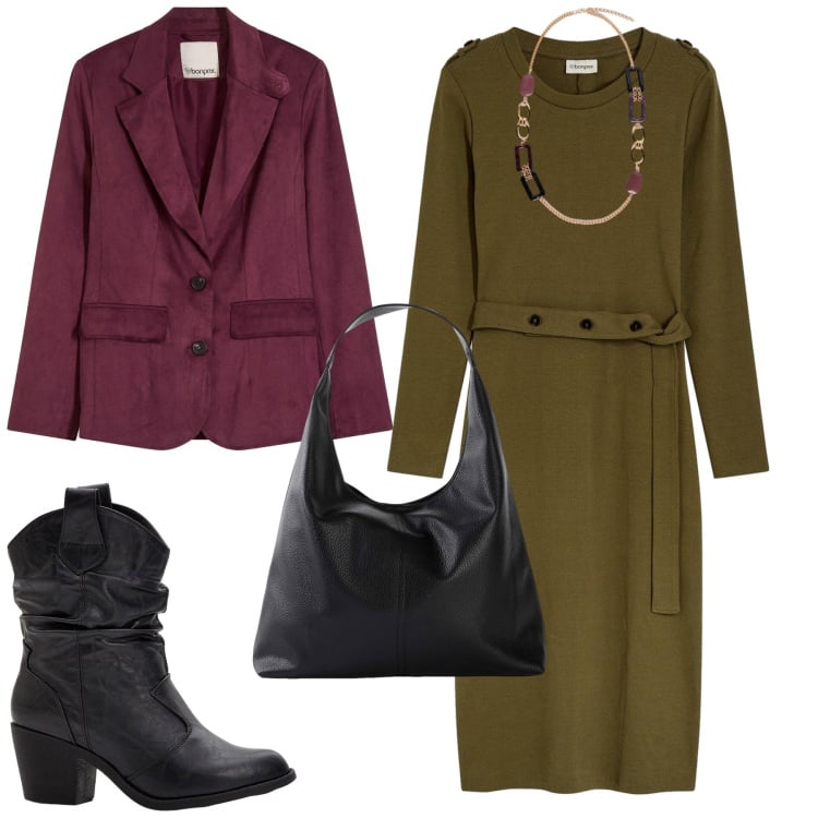 Outfit donna - Total look #2267946. Stile Etnico per Ufficio. Abbinamento con vestiti midi/longuette, blazer, stivaletti texani, shopping bag, collane.