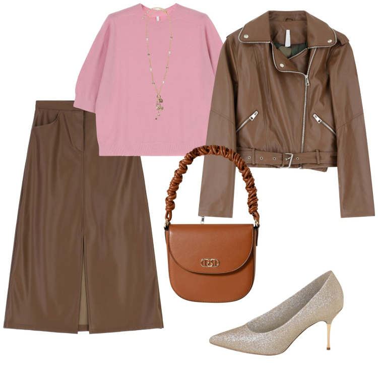 Outfit donna - Rosa e marrone. per Ufficio. Abbinamento con borse a mano, décolleté, giacche, maglieria, gonne longuette, ciondoli.