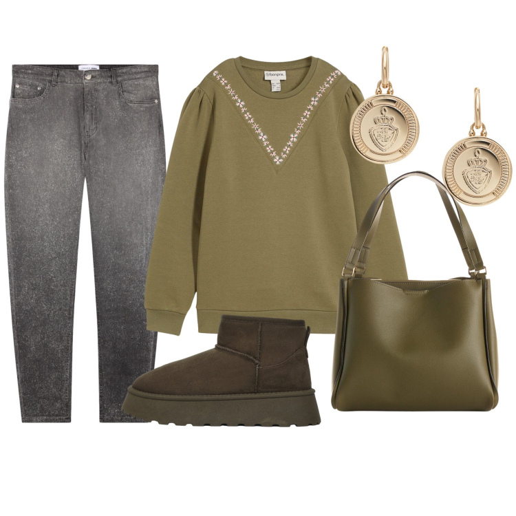 Outfit donna - Aperitivo con le amiche. Stile Casual per Tutti i giorni. Abbinamento con borse a mano, felpe, jeans skinny, stivali, orecchini.