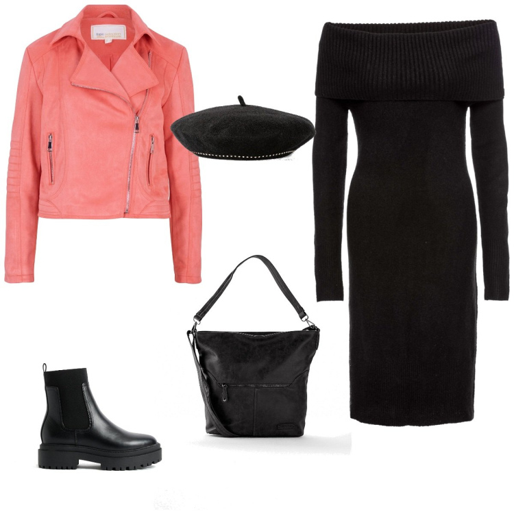 Outfit femme - Perfecto rose et béret. Style Tendance pour Tous les jours. Assortir avec robes longues, sacs à main, bonnets, manteaux, boots.