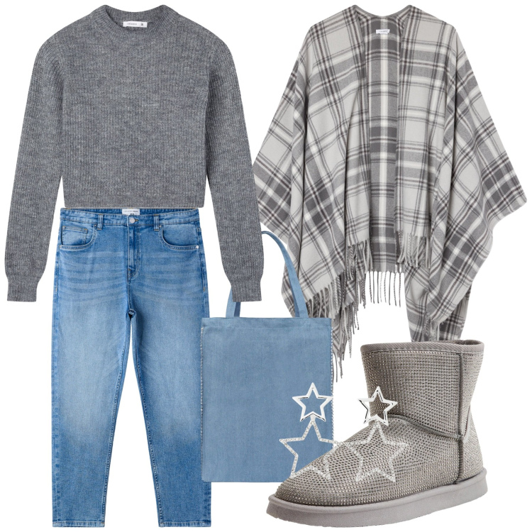 Outfit donna - Look Terranova al tramonto. Stile Casual Abbinamento con maglieria, jeans mom, stivali, orecchini, borse tote, cappotti.