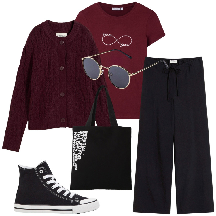 Outfit donna - Total look #2267972. Stile Casual per Tutti i giorni. Abbinamento con occhiali da sole, pantaloni a palazzo, cardigans, sneakers alte, t-shirt, shopping bag.