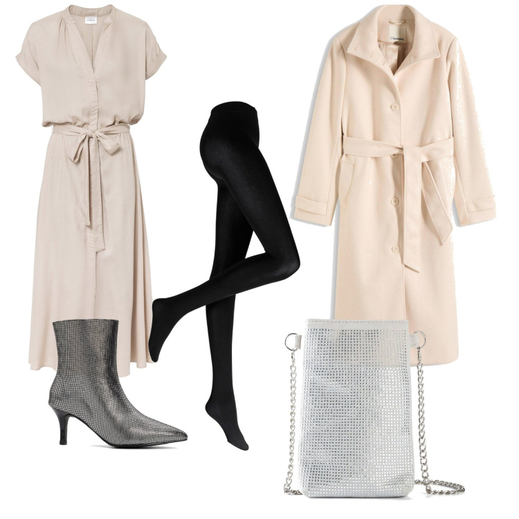 Outfit femme - Casual chic #17189. Style Casual chic pour Soirée dehors. Assortir avec robes chemisier, collants, manteaux, bottines, pochette.