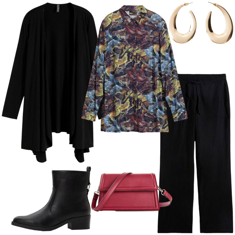 Outfit donna - Total look #2267977. Stile Casual chic per Ufficio. Abbinamento con pantaloni a palazzo, stivaletti, cardigans, camicie, orecchini, borse a tracolla.