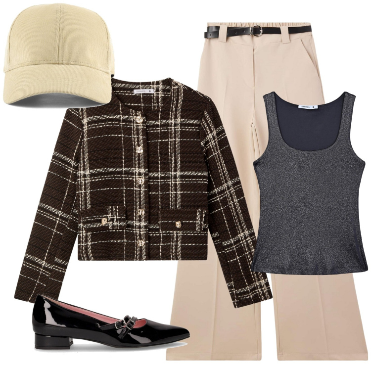 Outfit donna - Pausa pranzo. Stile Preppy per Ufficio. Abbinamento con top, pantaloni, blazer, cappelli con visiera, ballerine.