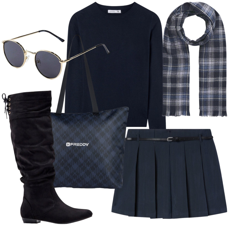 Outfit donna - Divertirsi dopo lo studio. Stile Preppy per Tutti i giorni. Abbinamento con stivali, occhiali da sole, minigonne, sciarpe, maglieria, shopping bag.