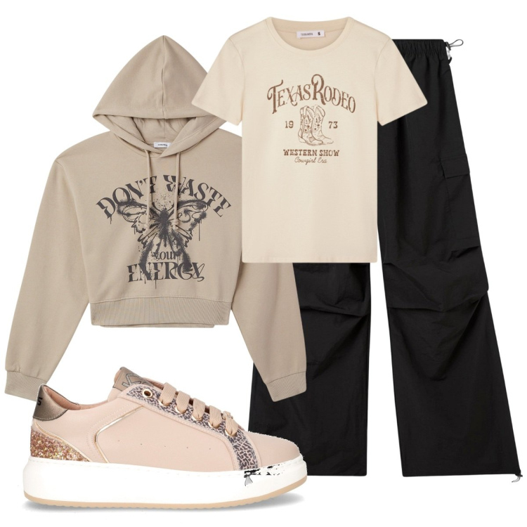 Outfit donna - Total look #2267986. Stile Basic per Tutti i giorni. Abbinamento con felpe con cappuccio, pantaloni cargo, t-shirt, sneakers.