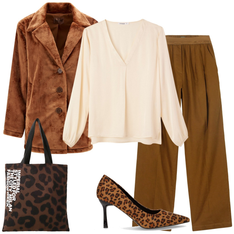 Outfit donna - Marron glacé. Stile Trendy per Tutti i giorni. Abbinamento con bluse, shopping bag, cappotti, pantaloni, décolleté.