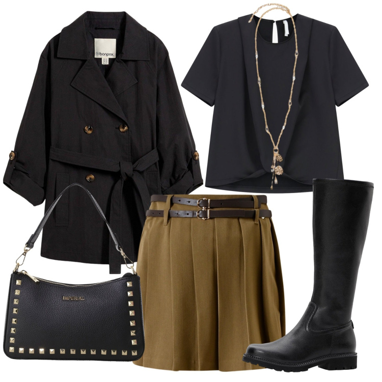 Outfit donna - A cena da amici. Stile Casual chic per Serata fuori. Abbinamento con stivali, trench, minigonne, bluse, pochette, ciondoli.