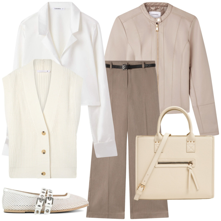 Outfit donna - Total look #2267991. Stile Casual per Ufficio. Abbinamento con camicie, pantaloni, gilet, shopping bag, giacche, ballerine.