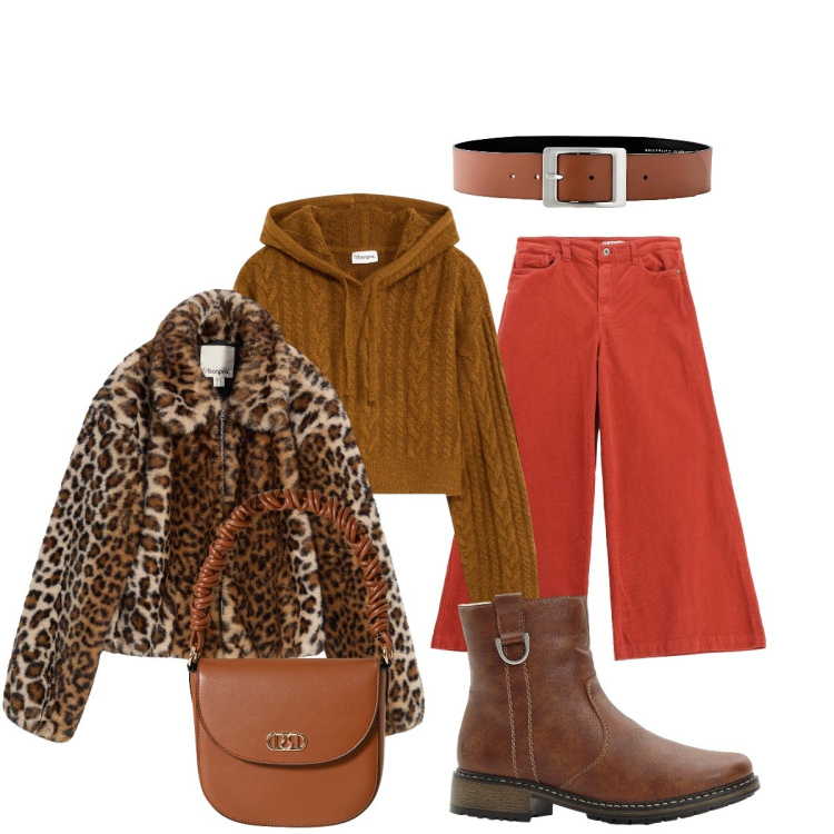 Outfit donna - Glam con la giacca animalier. Stile Glamour per Tutti i giorni. Abbinamento con ecopellicce, stivaletti, maglieria, cinture, pantaloni, borse a mano.