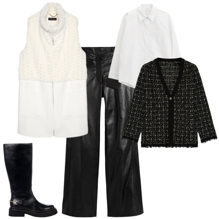 Outfit donna - Serata evento speciale. Stile Bon Ton per Tutti i giorni. Abbinamento con pantaloni, stivali sopra il ginocchio, camicie, cardigans, gilet.