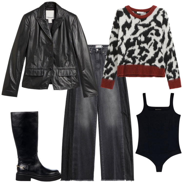 Outfit donna - Total look #2268003. Stile Rock per Serata fuori. Abbinamento con blazer, stivali sopra il ginocchio, body, pullovers, jeans.