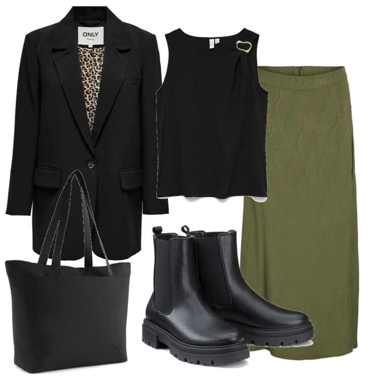 Outfit mujer - Urban #6341. Estilo Urban para Escuela/Universidad. Combinación con blazers, falda longuette, top, botines chelsea, bolso tote.