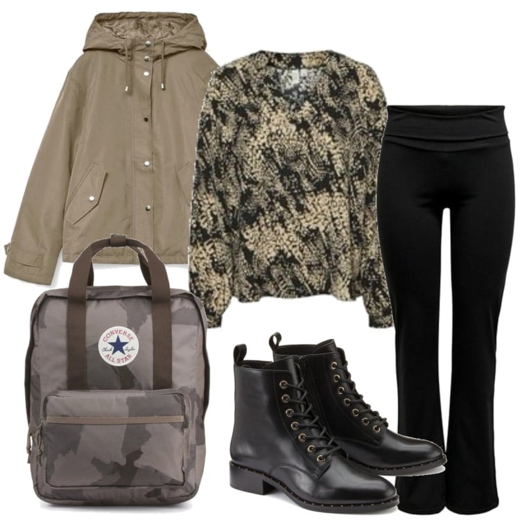 Outfit mujer - Casual #11849. Estilo Casual para Escuela/Universidad. Combinación con pantalones, blusas, parka, botines, mochilas.