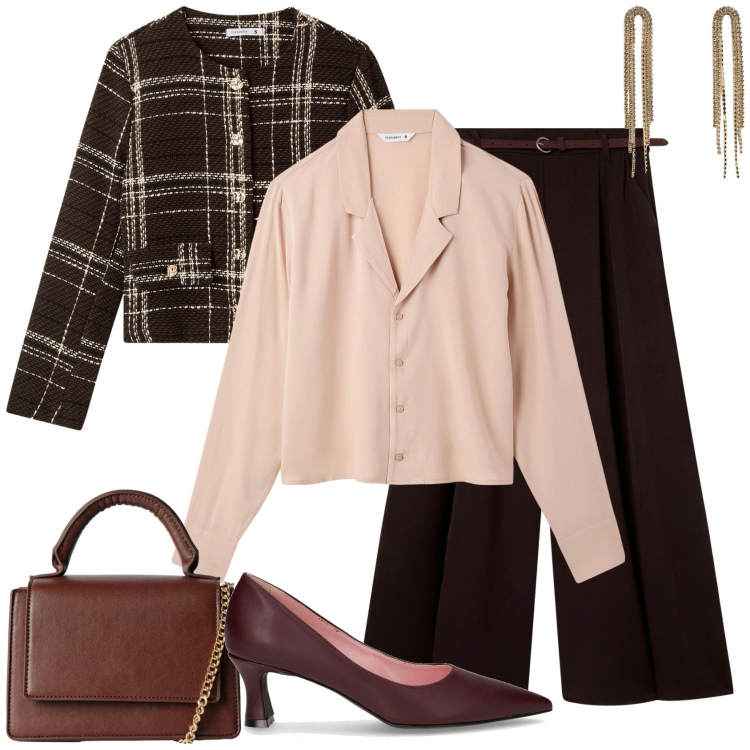Outfit donna - Cozy chic. Stile Casual chic per Ufficio. Abbinamento con camicie, orecchini, borse a tracolla, blazer, pantaloni, décolleté.