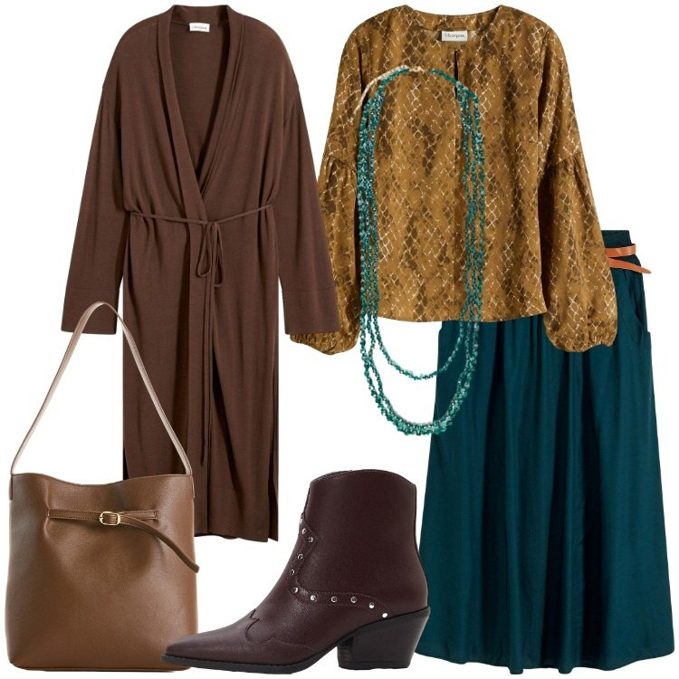 Outfit donna - Boho autunnale. Stile Boho per Serata fuori. Abbinamento con gonne lunghe, borse a mano, bluse, cappotti, stivaletti texani, collane.
