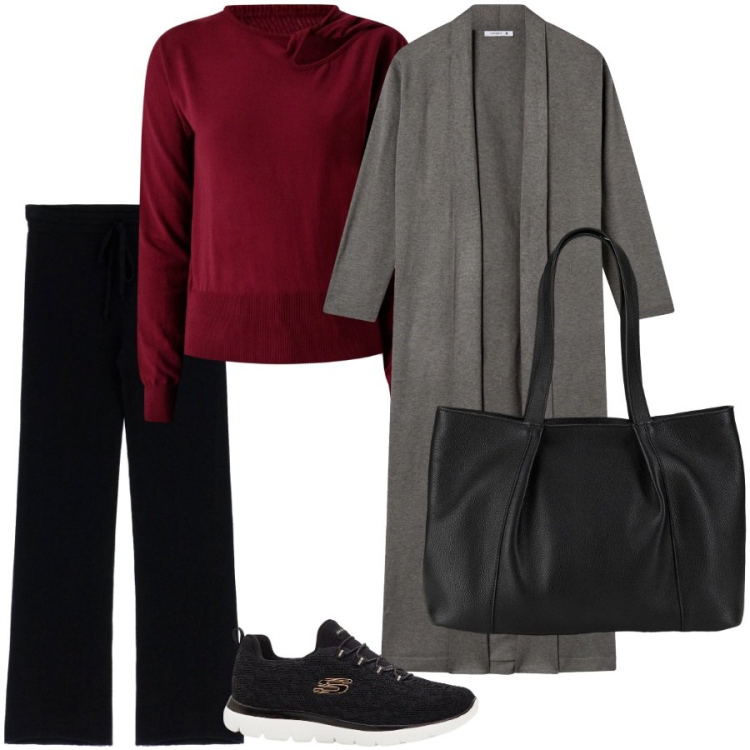 Outfit donna - Outfit comodi. Stile Sporty chic per Tutti i giorni. Abbinamento con sneakers, shopping bag, cardigans, maglieria, pantaloni a palazzo.