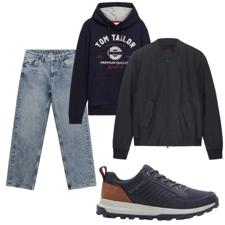 Outfit uomo - Total look #2268018. Stile Casual per Tutti i giorni. Abbinamento con sneakers, felpe con cappuccio, jeans dritti, bomber.