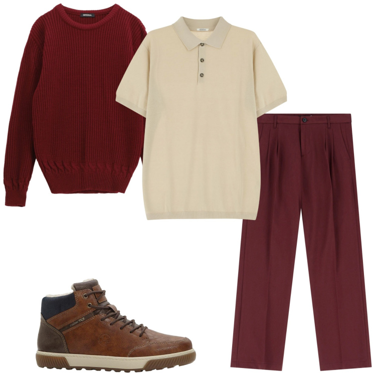 Outfit uomo - Borgogna. Stile Urban per Tutti i giorni. Abbinamento con sneakers alte, polo, maglieria, pantaloni.