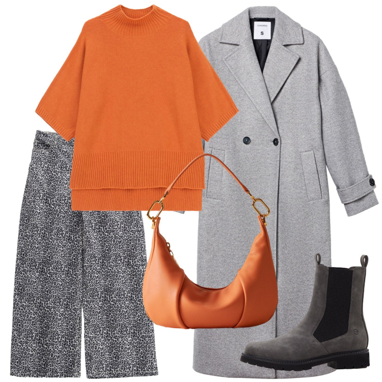 Outfit donna - Un raggio di sole. Stile Basic per Tutti i giorni. Abbinamento con stivaletti chelsea, cappotti, pantaloni, maglieria, borse a spalla.
