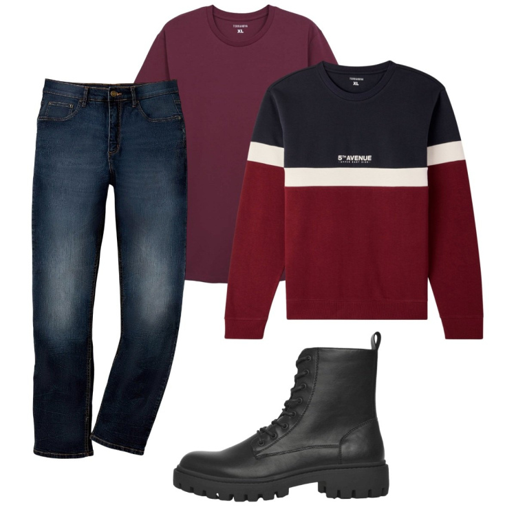 Outfit uomo - Total look #2268024. Stile Urban per Tutti i giorni. Abbinamento con jeans dritti, anfibi, t-shirt, felpe.