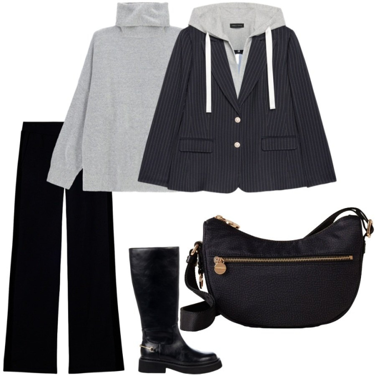 Outfit donna - Lo stile sporty chic. Stile Sporty chic per Scuola/Università. Abbinamento con borse a tracolla, stivali sopra il ginocchio, maglieria, pantaloni, blazer.
