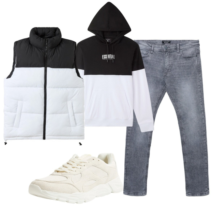 Outfit uomo - Total look #2268031. Stile Casual per Tutti i giorni. Abbinamento con sneakers, piumini, felpe con cappuccio, jeans skinny.
