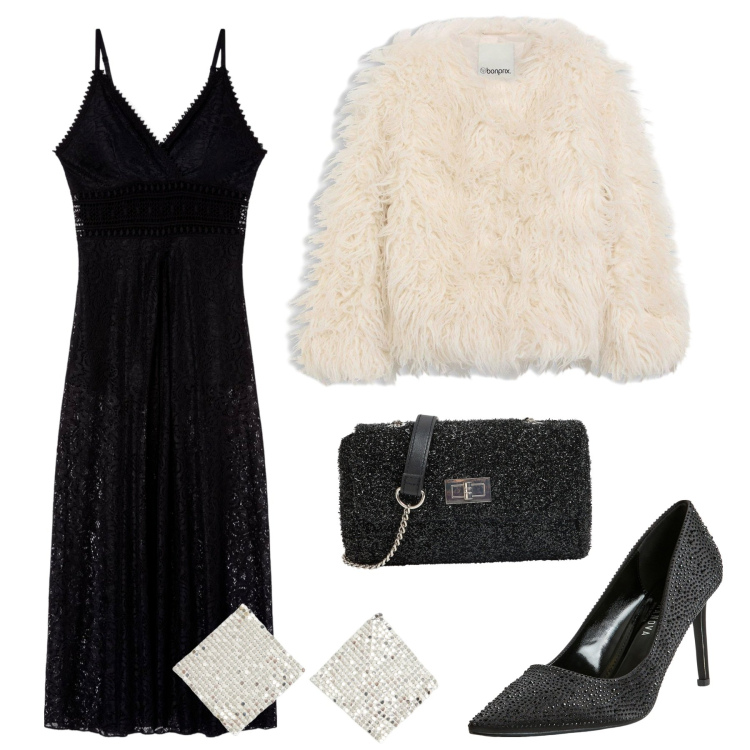 Outfit donna - Serata galante. Stile Chic per Serata fuori. Abbinamento con ecopellicce, décolleté, borse a tracolla, orecchini, vestiti lunghi.