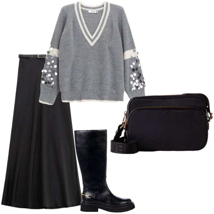 Outfit donna - Comoda e femminile. Stile Casual chic per Ufficio. Abbinamento con maglieria, borse a tracolla, stivali sopra il ginocchio, gonne lunghe.