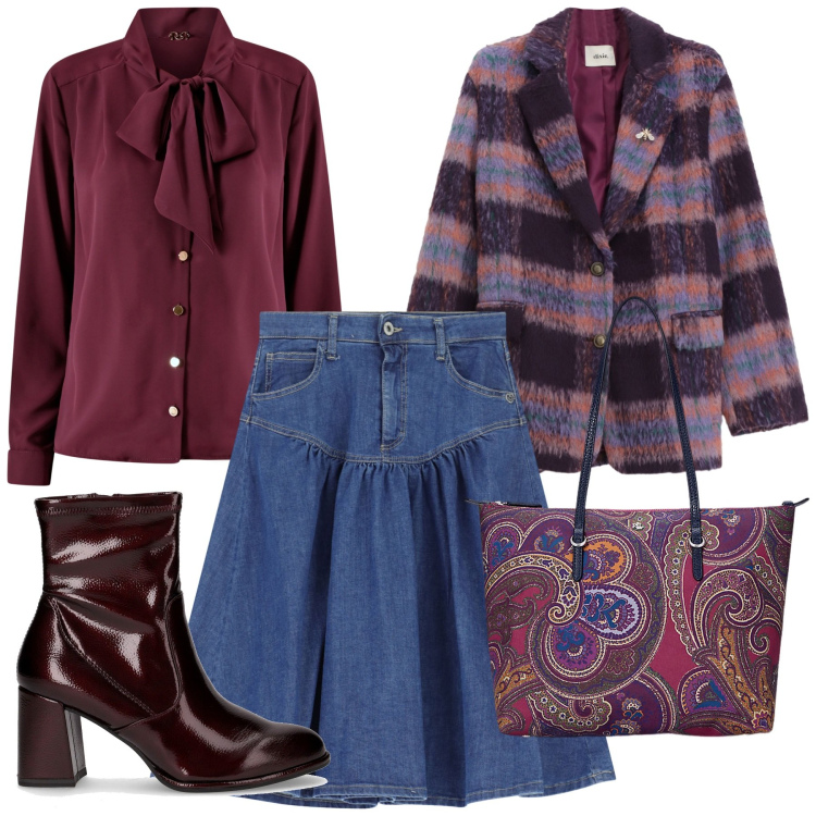 Outfit donna - Al centro commerciale. Stile Casual per Tutti i giorni. Abbinamento con gonne longuette, bluse, blazer, borse tote, stivaletti.