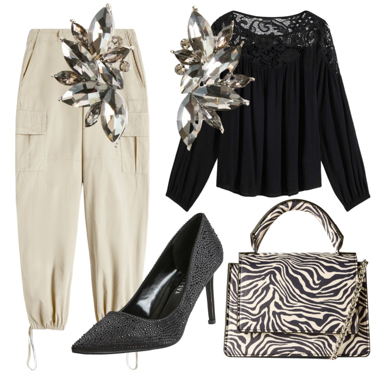 Outfit donna - Aperitivo anche se lunedì. Stile Glamour per Serata fuori. Abbinamento con tuniche, orecchini, décolleté, borse a tracolla, pantaloni cargo.