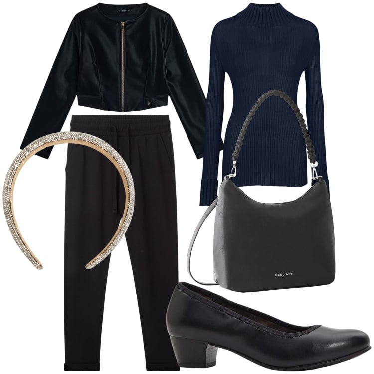 Outfit donna - Serata al cinema. Stile Basic per Serata fuori. Abbinamento con décolleté, borse a mano, cerchietti, pantaloni, blazer, maglieria.