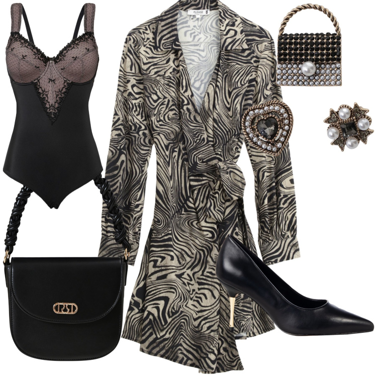 Outfit donna - Al ristorante per un evento. Stile Glamour per Serata fuori. Abbinamento con body, vestiti corti, décolleté, borse a mano, accessori per capelli.