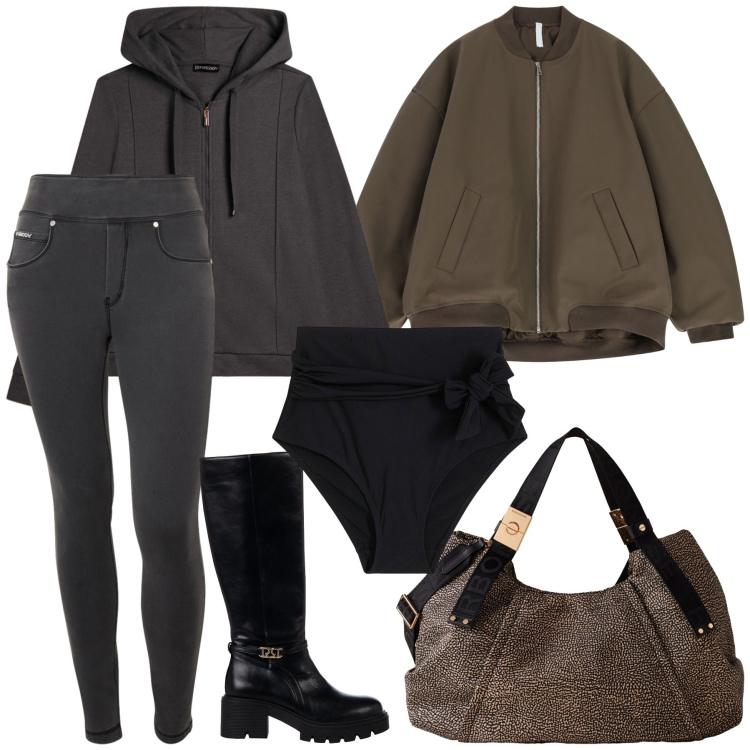 Outfit donna - Total look. Stile Casual chic per Tutti i giorni. Abbinamento con culotte, stivali sopra il ginocchio, borse a mano, bomber, felpe con cappuccio, jeans skinny.