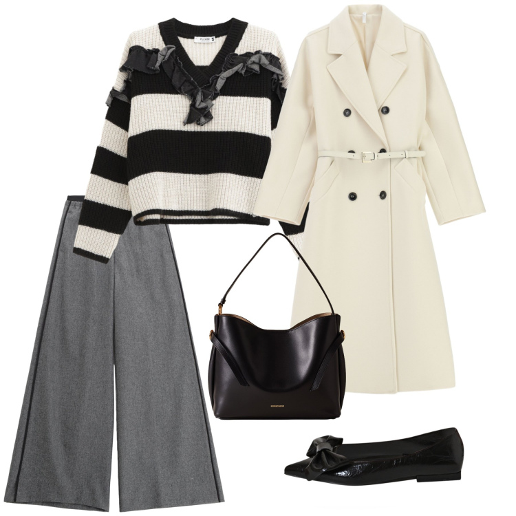 Outfit donna - Total look #2268052. Stile Urban per Ufficio. Abbinamento con ballerine, maglieria, pantaloni, cappotti, borse a mano.