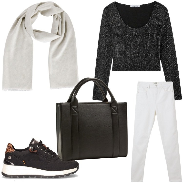 Outfit donna - Autunno semplice. Stile Casual per Tutti i giorni. Abbinamento con foulard, pantaloni skinny, t-shirt, borse tote, sneakers.