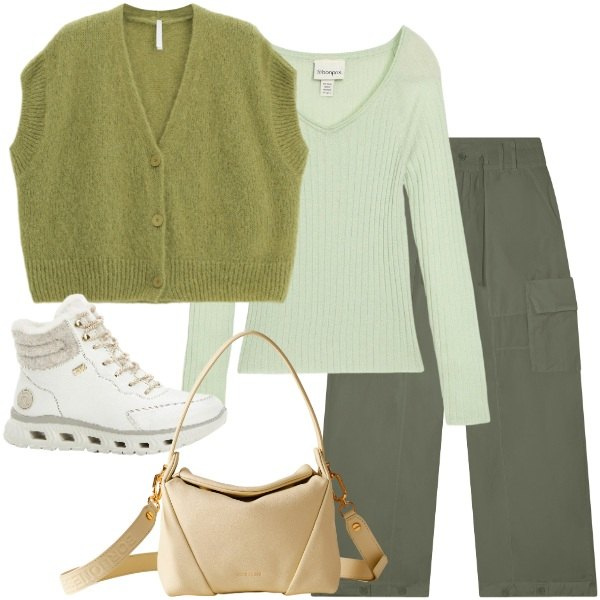 Outfit donna - verdi boschi. Stile Sporty chic per Tutti i giorni. Abbinamento con maglieria, stivaletti, borse a spalla, maglieria, pantaloni cargo.