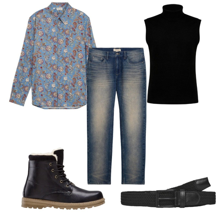 Outfit uomo - Total look #2268084. Stile Casual per Tutti i giorni. Abbinamento con stivali e stivaletti, jeans dritti, camicie, cinture, gilet.