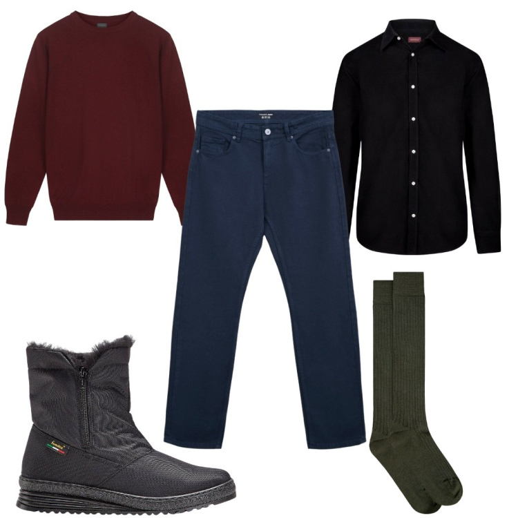 Outfit uomo - Total look #2268086. Stile Casual per Tutti i giorni. Abbinamento con stivali e stivaletti, jeans dritti, camicie, calzini, maglieria.