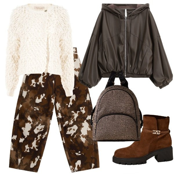 Outfit donna - marroni e castagne. Stile Sporty chic per Tutti i giorni. Abbinamento con pantaloni a palazzo, stivaletti, cardigans, bomber, zaini.