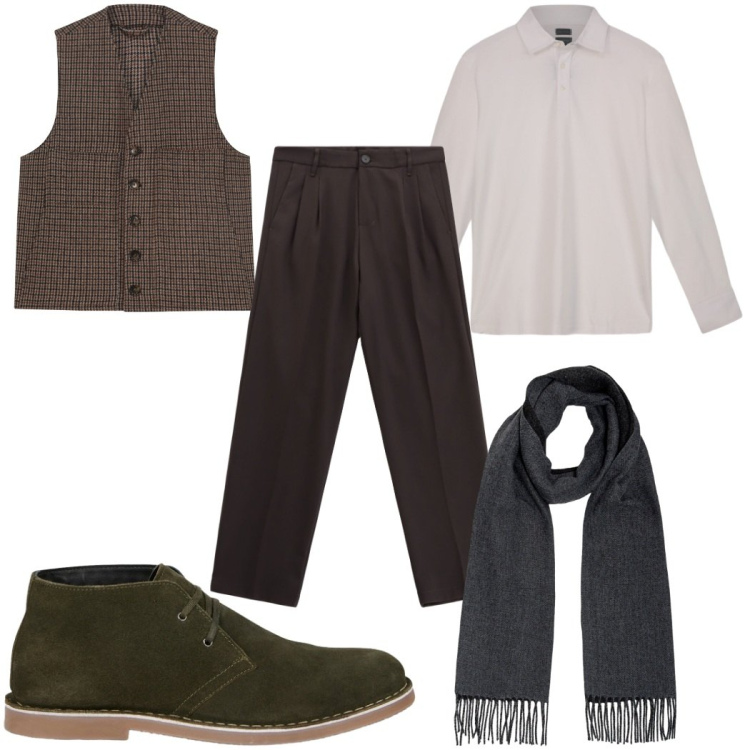 Outfit uomo - Total look #2268089. Stile Casual per Tutti i giorni. Abbinamento con pantaloni, stivali e stivaletti, polo, sciarpe, gilet.