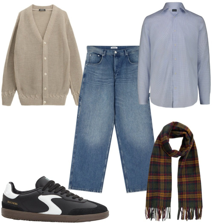 Outfit uomo - Total look #2268091. Stile Casual per Tutti i giorni. Abbinamento con sneakers, jeans, cardigans, sciarpe, camicie.