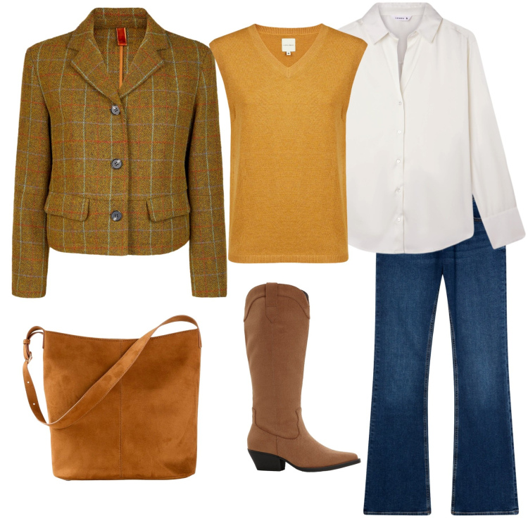 Outfit donna - Tartan scozzese. Stile Casual per Tutti i giorni. Abbinamento con borse a mano, stivali, camicie, jeans a zampa, blazer, maglieria.