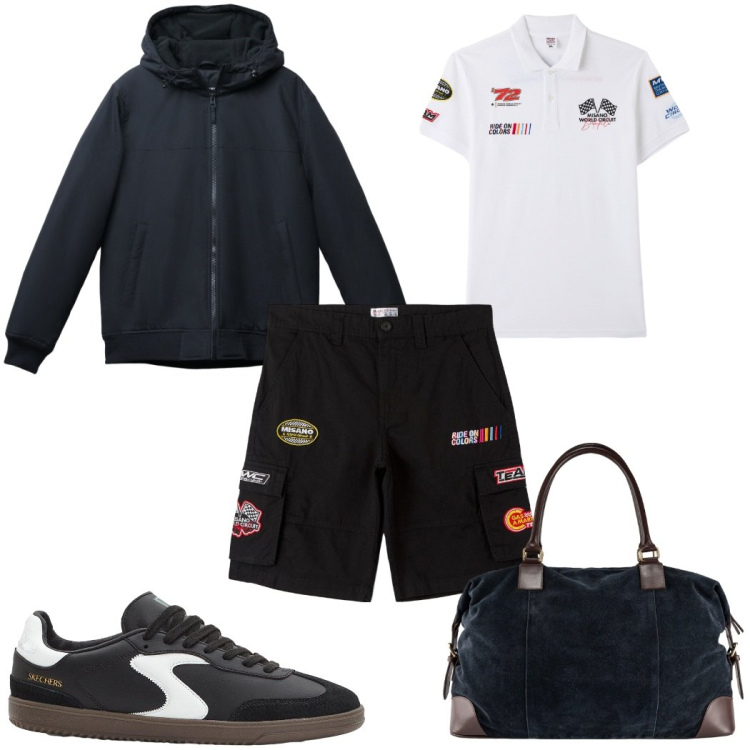 Outfit uomo - Total look #2268093. Stile Trendy per Sport. Abbinamento con sneakers, bermuda, polo, giacche, borse sportive.