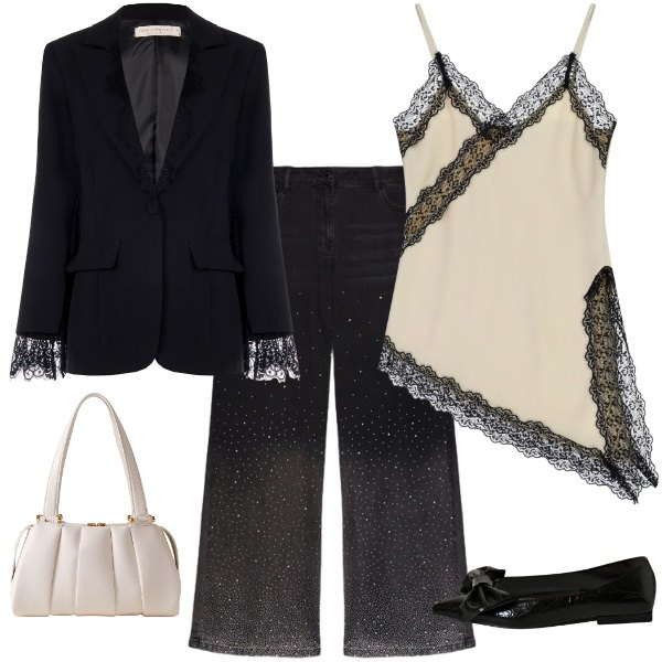 Outfit donna - pizzo e brillantini. Stile Glamour per Serata fuori. Abbinamento con borse a mano, blazer, ballerine, top, jeans.