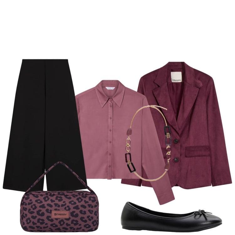 Outfit donna - In città. Stile Bon Ton per Tutti i giorni. Abbinamento con blazer, ballerine, camicie, pantaloni culotte, borse a spalla, collane.